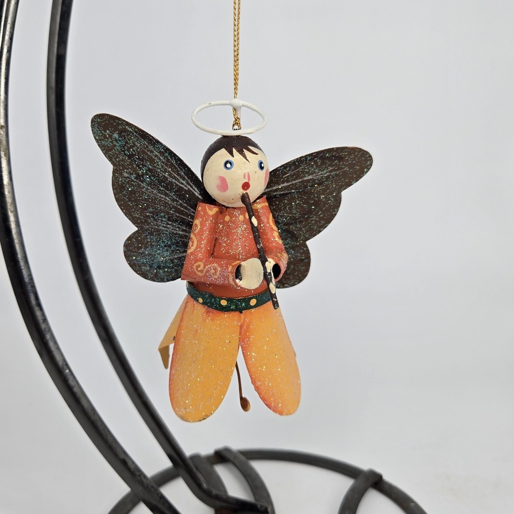 Christmas Ornament Metal Angel Playing Flute Piccolo Glitter Woodland Earthy VTG